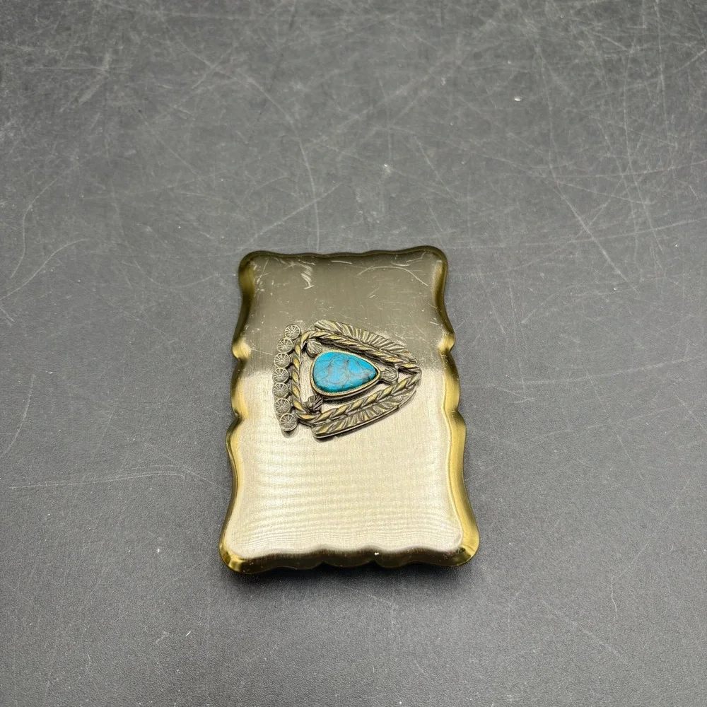 Vtg Native American Theme Belt Buckle Faux Turquoise Scalloped Edge Southwestern